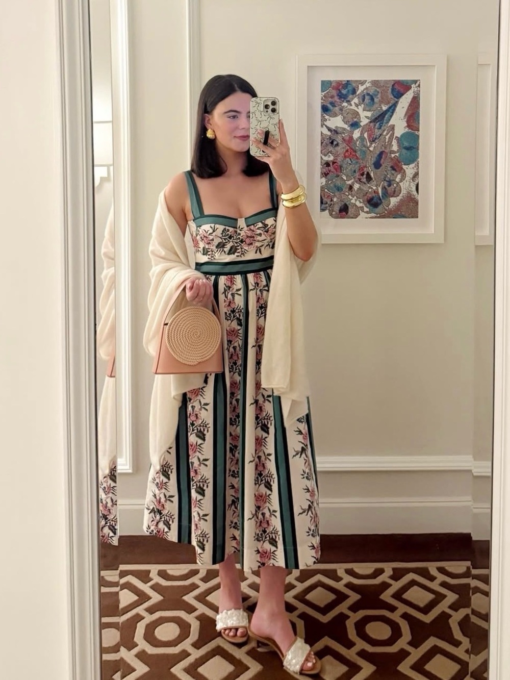 Tuckernuck Green and White Floral Bustier Midi Dress with Pink Accents